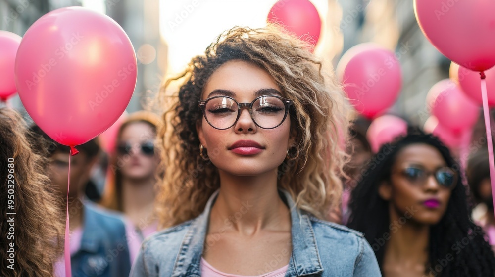 A powerful portrait of a diverse group of women holding pink balloons, standing on a city street during a breast cancer awareness march, with their expressions showing strength and unity, as they A powerful portrait of a diverse group of women holding pink balloons, standing on a city street during a breast cancer awareness march, with their expressions showing strength and unity, as they