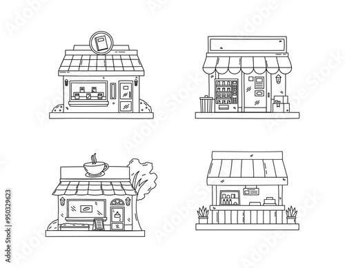 Collection of Shop Building Design Elements in Hand Drawn Style