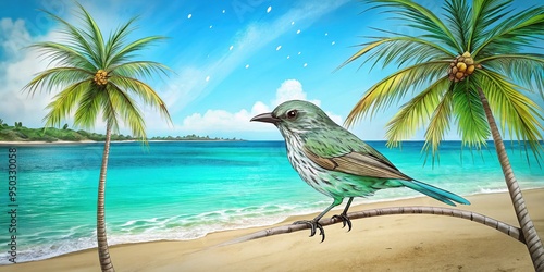 Grungy Inland Thornbill perches amidst palm fronds on a sun-kissed beach, turquoise waves crashing against shorelines, feathered form weathered to a fine art. photo