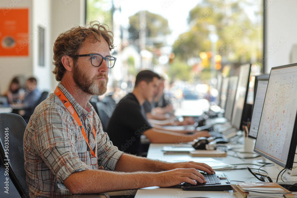 A man with glasses is sitting at a desk with a computer monitor in front of him A man with glasses is sitting at a desk with a computer monitor in front of him