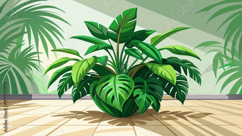 Tropical plant with lush leaves on floor near white wall. Space for text