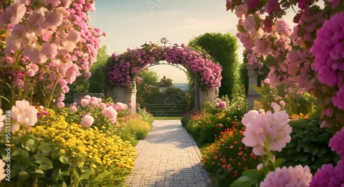 Flower garden with arched trellis colorful blossoms and paved path 4k animation photo