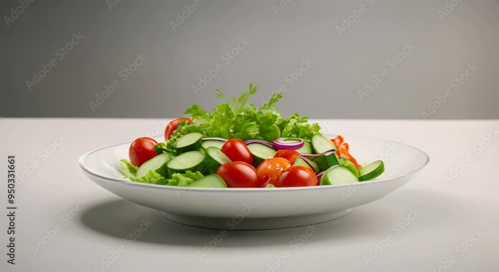 Fresh vegetable salad with lettuce tomatoes cucumbers peppers and onions in white bowl 4k animation Fresh vegetable salad with lettuce tomatoes cucumbers peppers and onions in white bowl 4k animation