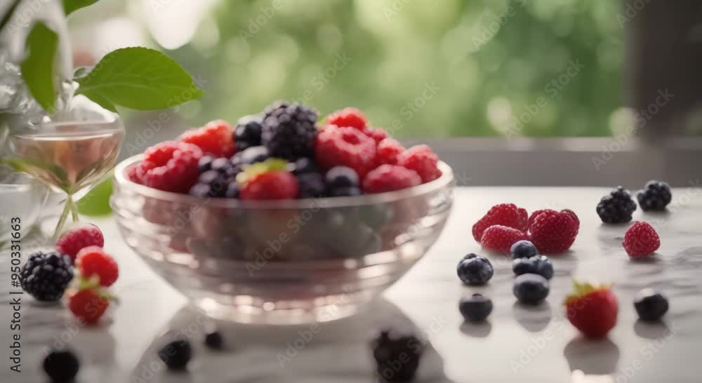 Fresh mixed berries in glass bowl on marble surface 4k animation Fresh mixed berries in glass bowl on marble surface 4k animation
