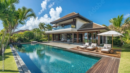 A luxurious villa with an outdoor pool and well-manicured garden, emphasizing modern design elements