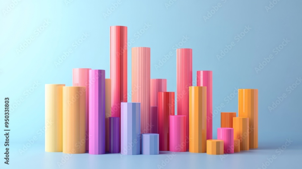 A panoramic view of a 3D bar chart with multiple bars representing different data categories, set against a minimalist background for an organized and easy-to-read data presentation. A panoramic view of a 3D bar chart with multiple bars representing different data categories, set against a minimalist background for an organized and easy-to-read data presentation.