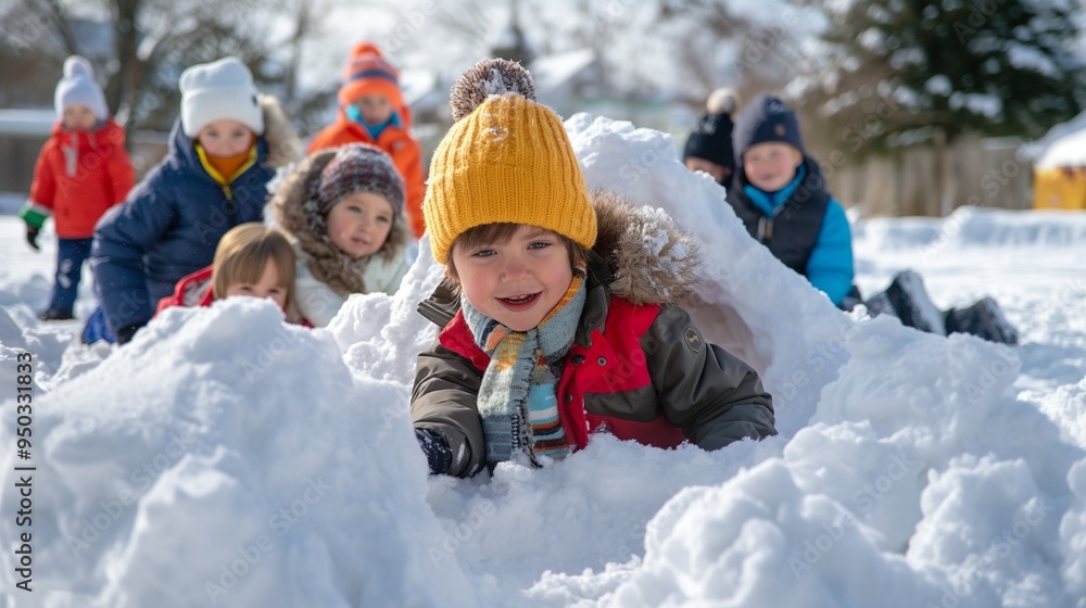 group of children building a snow fort group of children building a snow fort