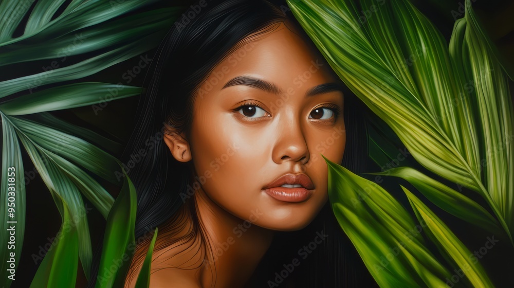 A woman framed by lush green leaves, with natural light highlighting her face against a dark, nature-filled background. Generative ai A woman framed by lush green leaves, with natural light highlighting her face against a dark, nature-filled background. Generative ai