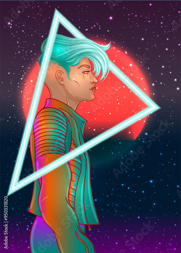 Portrait of a young pretty androgynous woman with short shaved pixie undercut in retro futurism style. Vector illustration in neon bright colors. Blue short hair. futuristic synth wave flyer template