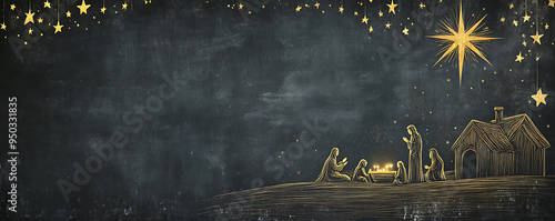 Hand-Drawn Nativity Silhouette with Christmas Star on Dark Gray and Gold Background for Text or Logo
