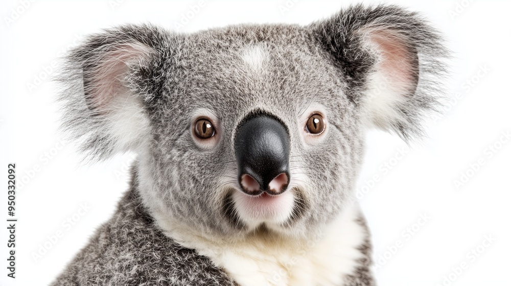 A close up, realistic of a koala with a peaceful gaze, positioned on a vivid white background. The lighting is soft and even, capturing the fine details of the koalas fur and its A close up, realistic of a koala with a peaceful gaze, positioned on a vivid white background. The lighting is soft and even, capturing the fine details of the koalas fur and its
