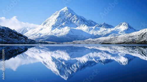 Wallpaper Mural A majestic snow-covered mountain with its reflection mirrored in a calm, crystal-clear lake. Torontodigital.ca