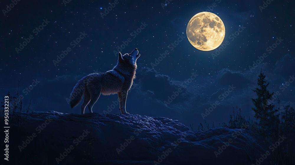 A majestic wolf standing on a rocky outcrop, howling at a full moon under a starry night sky. A majestic wolf standing on a rocky outcrop, howling at a full moon under a starry night sky.
