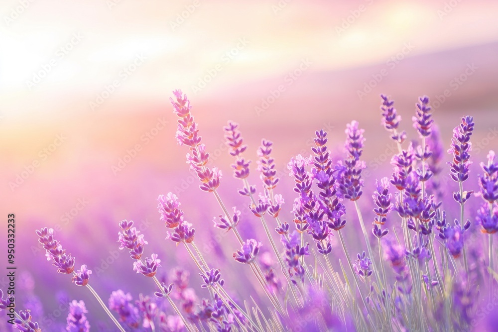 Lavender flowers in foreground, blurred background of lavender fields and mountains at sunset, copy space, pastel colors, purple and pink tones, soft focus, natural light, beautiful and peaceful mood Lavender flowers in foreground, blurred background of lavender fields and mountains at sunset, copy space, pastel colors, purple and pink tones, soft focus, natural light, beautiful and peaceful mood