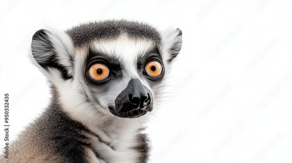 Obraz premium A close up, realistic of a lemur with an inquisitive gaze, positioned on a vivid white background. The lighting is soft and even, capturing the fine details of the lemurs fur and