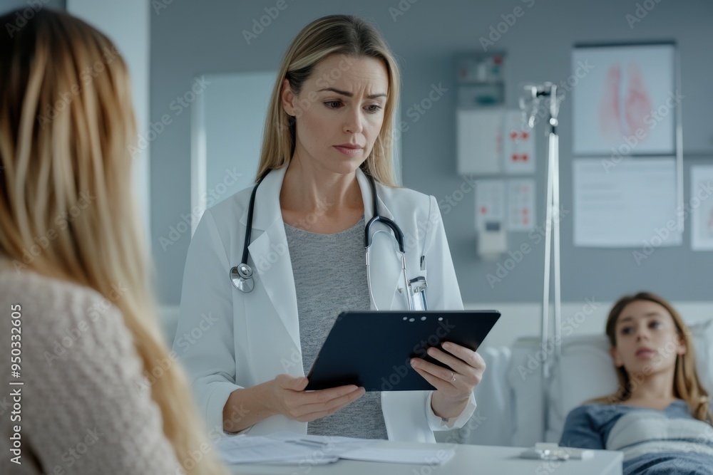 A female doctor in a white coat, holding an tablet, stands near the bed of a patient who is lying in a hospital room, with a woman next to her watching them A female doctor in a white coat, holding an tablet, stands near the bed of a patient who is lying in a hospital room, with a woman next to her watching them