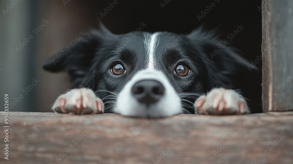 A black and white dog, with its paws placed on a wooden surface, looks out with anticipation. The image captures the pet's endearing expression and a moment of longing.