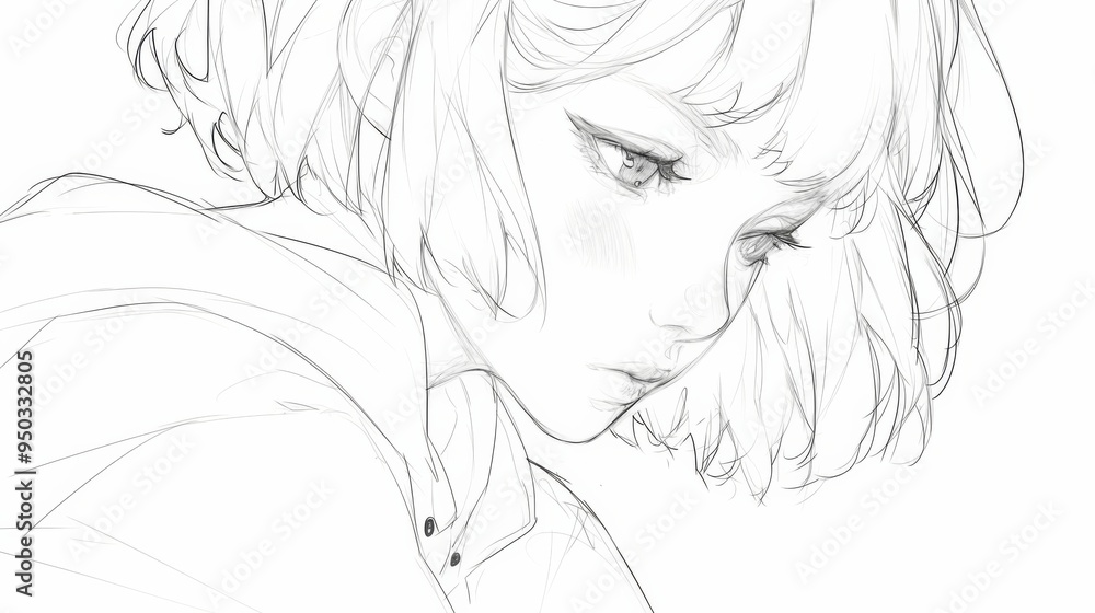 Line Art Sketch of an Anime Girl with Short Hair and Bangs, Featuring Ample Copy Space on the Side Line Art Sketch of an Anime Girl with Short Hair and Bangs, Featuring Ample Copy Space on the Side