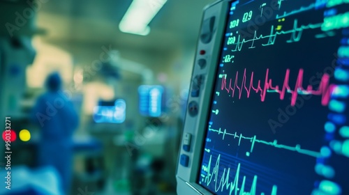 Wallpaper Mural A patient heart rate being monitored with ECG electrodes attached to their chest, showing the live heart rate waveform on a monitor in a hospital setting. Torontodigital.ca