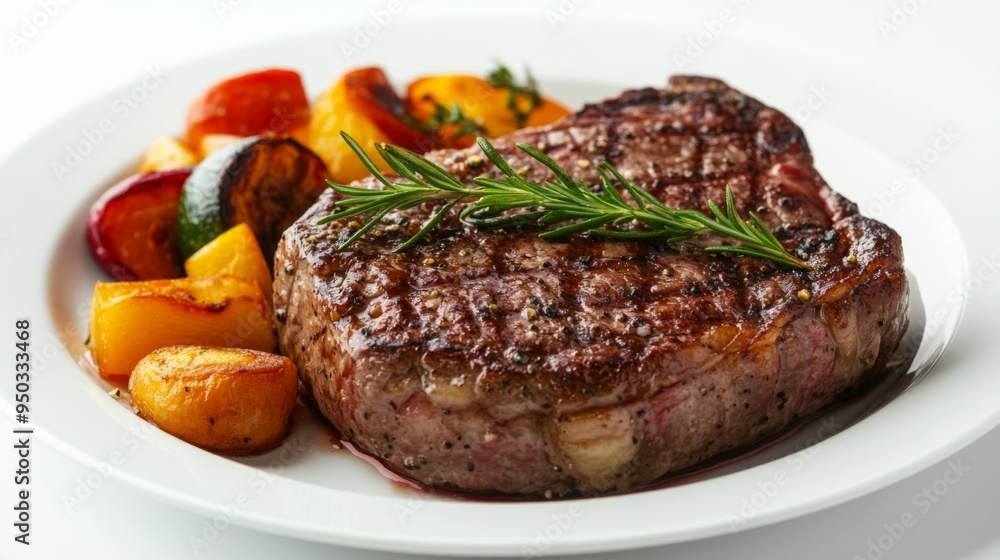 A perfectly cooked steak with a juicy, tender center, garnished with a sprig of rosemary and accompanied by a side of roasted vegetables, placed on a white plate against a clean white background. A perfectly cooked steak with a juicy, tender center, garnished with a sprig of rosemary and accompanied by a side of roasted vegetables, placed on a white plate against a clean white background.