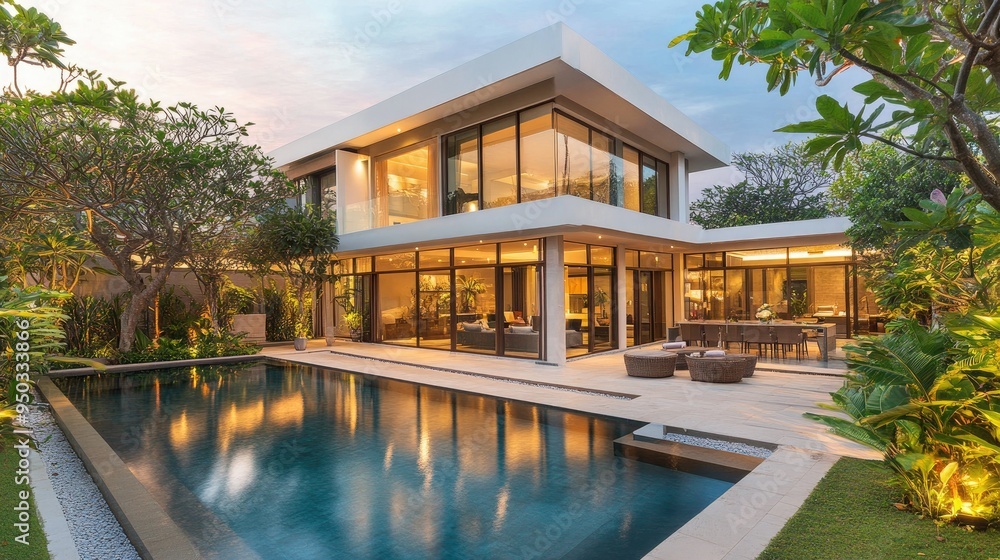 A modern villa with an outdoor pool and lush garden, featuring sleek architecture and a tranquil atmosphere A modern villa with an outdoor pool and lush garden, featuring sleek architecture and a tranquil atmosphere