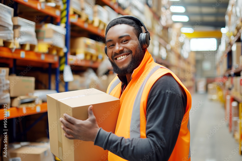 Smiling African American Warehouse Employee Carrying a Box, Enjoying Music Through Headphones at Work Smiling African American Warehouse Employee Carrying a Box, Enjoying Music Through Headphones at Work