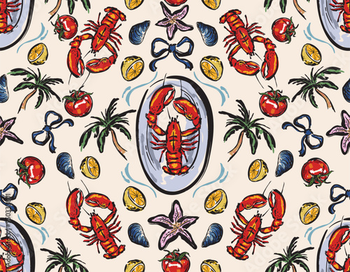 Seamless  Vector Lobsters  plates Summer party meal Seamless pattern Vector Illustration ,Marine Life Pattern