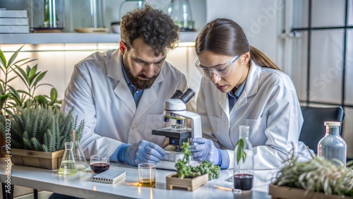  two scientists looking through a microscope
