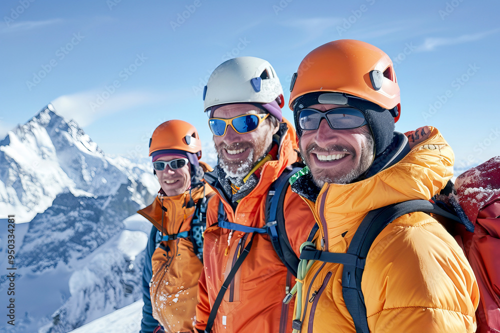 Happy group of Mountain Climbers with Backpacks Celebrating Success on Snowy Peak Happy group of Mountain Climbers with Backpacks Celebrating Success on Snowy Peak