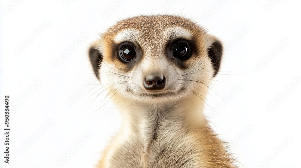 A close up, realistic of a meerkat with a focused gaze, positioned on a vivid white background. The lighting is soft and even, capturing the fine details of the meerkats fur and A close up, realistic of a meerkat with a focused gaze, positioned on a vivid white background. The lighting is soft and even, capturing the fine details of the meerkats fur and