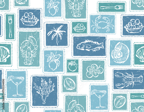 rendy Tropical  Vacation in Italy mood , palm trees silhouettes , Island , Leaves , Lobster repeat in retro style.