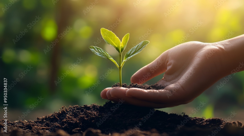 Fototapeta premium A person hand holding a small plant growing from soil, representing the concept of growth and sustainability, with a blurred natural background.