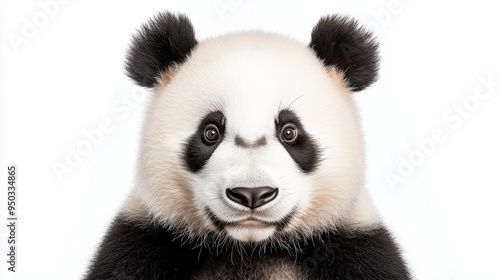 A close up, realistic of a panda with a calm gaze, positioned on a vivid white background. The lighting is soft and even, capturing the fine details of the pandas fur and its photo