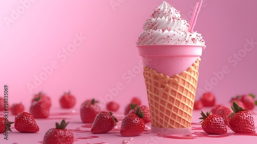 Delectable Strawberry Milkshake with Waffle Cone and Whipped Cream a Creamy Gourmet Treat photo