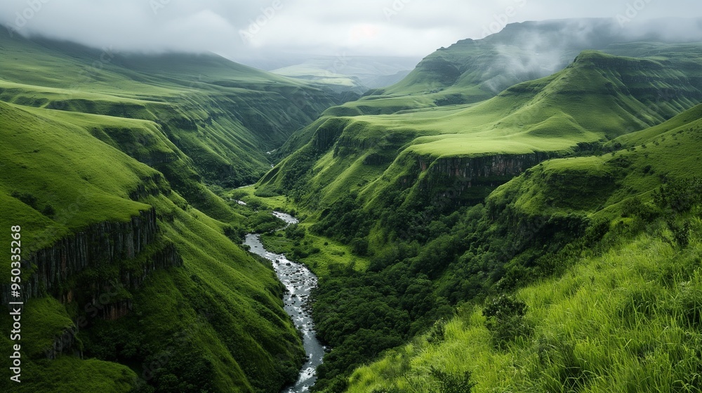 Naklejka premium panoramic view of a lush green valley with a river