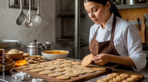 Una mujer hornea galletas con dedicación, transformando la masa en pequeñas delicias doradas. El aroma irresistible llena la cocina, creando un ambiente cálido y acogedor mientras cada bandeja se cuec photo