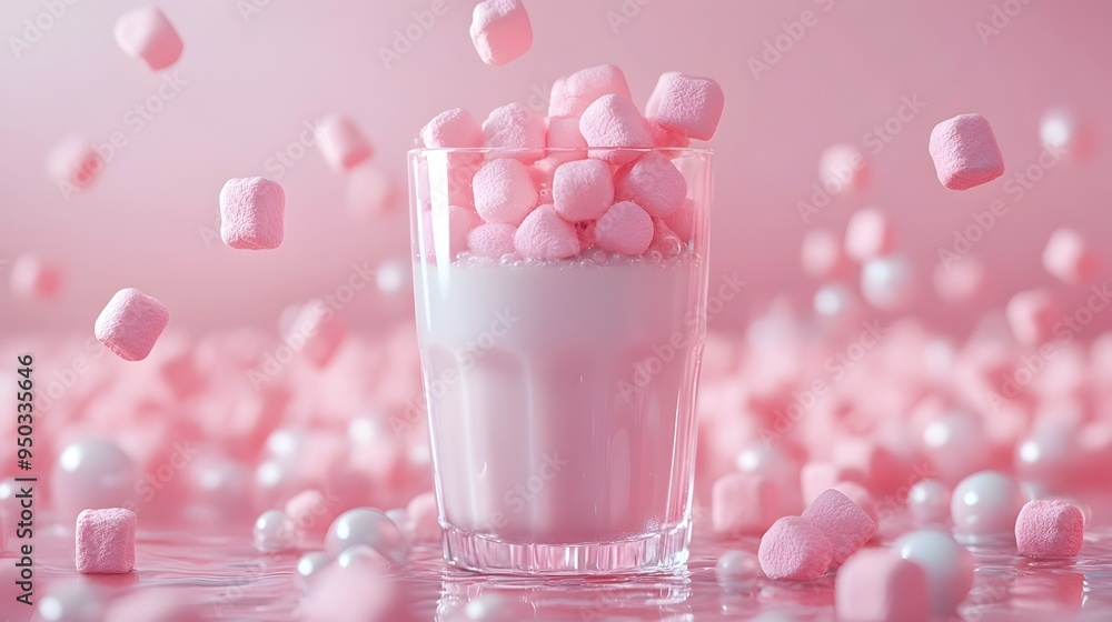 Glass of Strawberry Milk with Pink Marshmallows Floating in 3D Rendered Imagery Glass of Strawberry Milk with Pink Marshmallows Floating in 3D Rendered Imagery