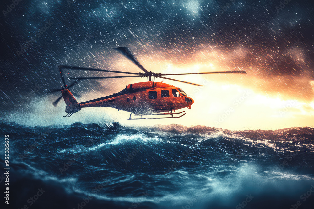 A thrilling scene of a rescue helicopter braving turbulent seas amid a dramatic storm, showcasing valor and resilience in action. A thrilling scene of a rescue helicopter braving turbulent seas amid a dramatic storm, showcasing valor and resilience in action.