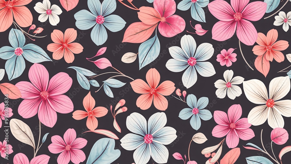 A vibrant array of abstract flowers in pink, blue, and white hues adorns a dark backdrop, showcasing intricate leaf details, illustrating a lively springtime essence background wallpaper A vibrant array of abstract flowers in pink, blue, and white hues adorns a dark backdrop, showcasing intricate leaf details, illustrating a lively springtime essence background wallpaper