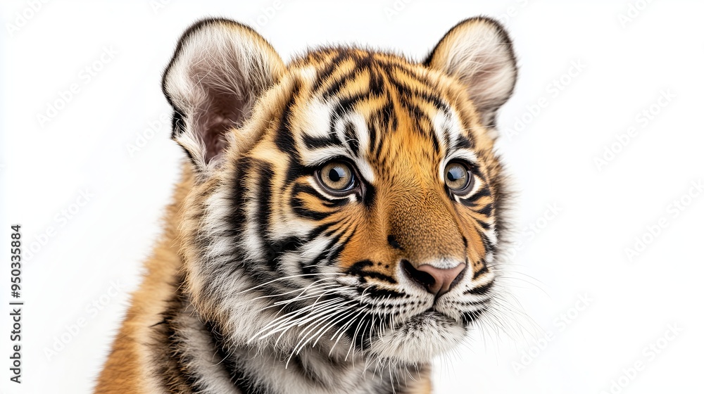 Fototapeta premium A close up, realistic of a tiger cub with a gentle gaze, positioned on a vivid white background. The lighting is soft and even, capturing the fine details of the cubs fur and