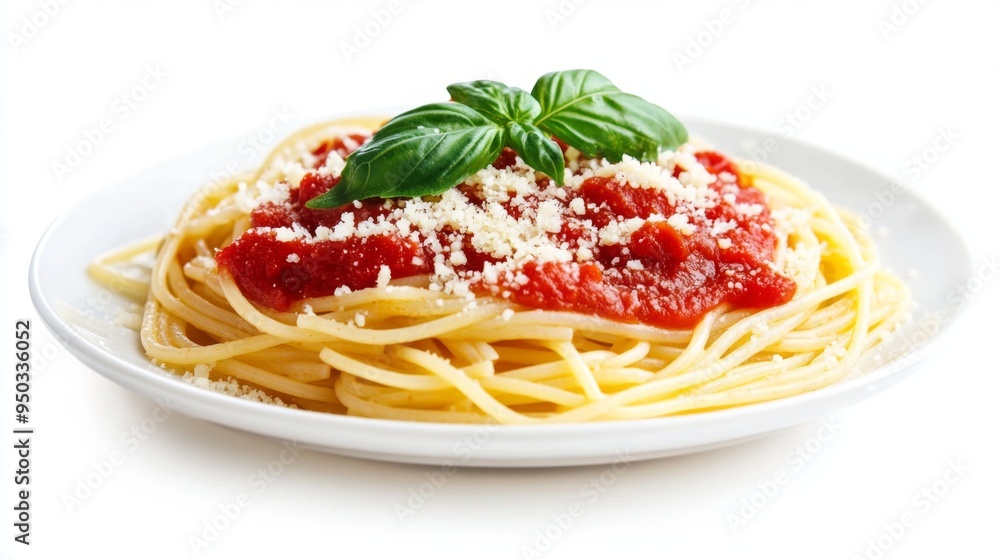 A plate of delicious spaghetti topped with marinara sauce, fresh basil, and grated parmesan, set against a clean white background. A plate of delicious spaghetti topped with marinara sauce, fresh basil, and grated parmesan, set against a clean white background.