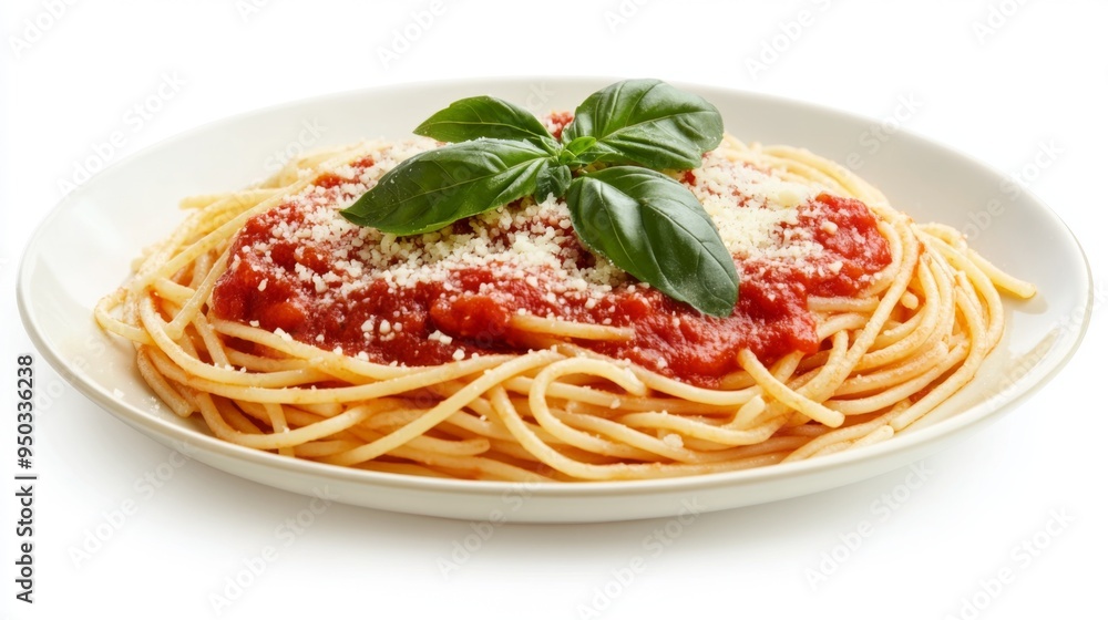 A plate of delicious spaghetti topped with marinara sauce, fresh basil, and grated parmesan, set against a clean white background. A plate of delicious spaghetti topped with marinara sauce, fresh basil, and grated parmesan, set against a clean white background.