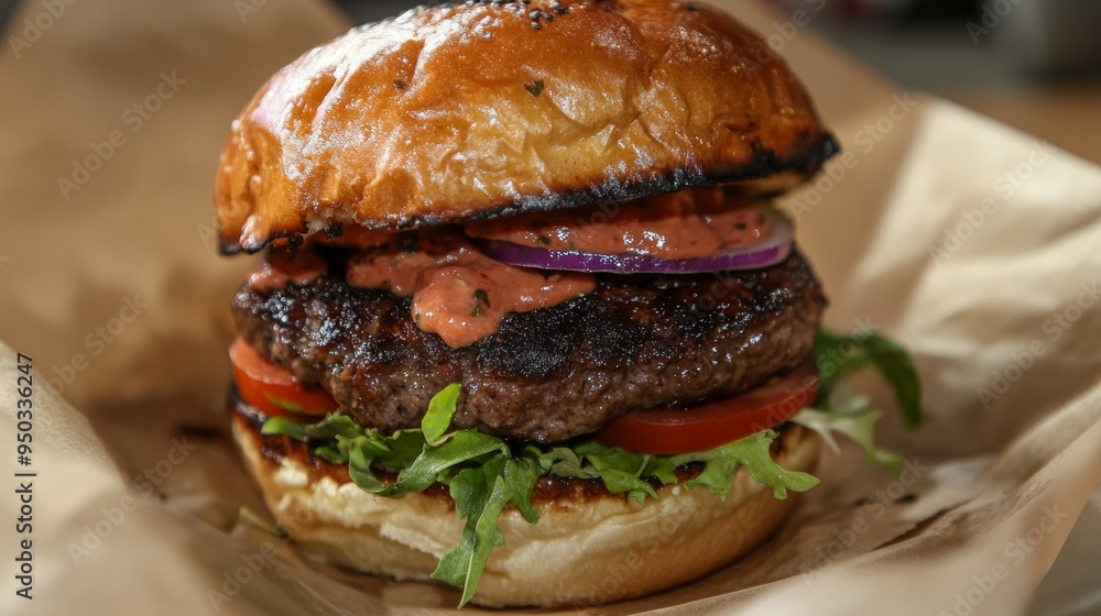 Juicy Burger with Pink Sauce and Toppings Juicy Burger with Pink Sauce and Toppings