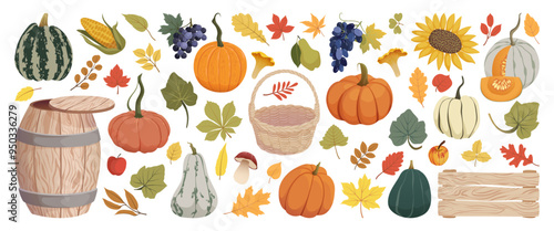 Autumn harvest and fall elements set. Pumpkins, leaves, vegetables, grapes, fruits, mushrooms, wooden barrel, box, basket. Farm and garden fall season collection. Thanksgiving Day vector illustration.