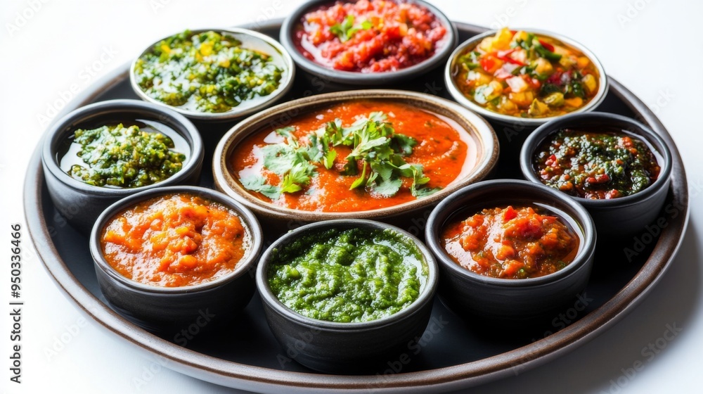 A plate of colorful Indian chutneys in small bowls, laid out on a white background, highlighting the variety of flavors and textures. A plate of colorful Indian chutneys in small bowls, laid out on a white background, highlighting the variety of flavors and textures.
