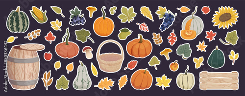Autumn stickers collection. Pumpkins harvest, leaves, vegetables, fruits, mushrooms, wooden barrel, basket for magnets, Thanksgiving stickers, labels. Fall harvest elements set. Vector illustration.