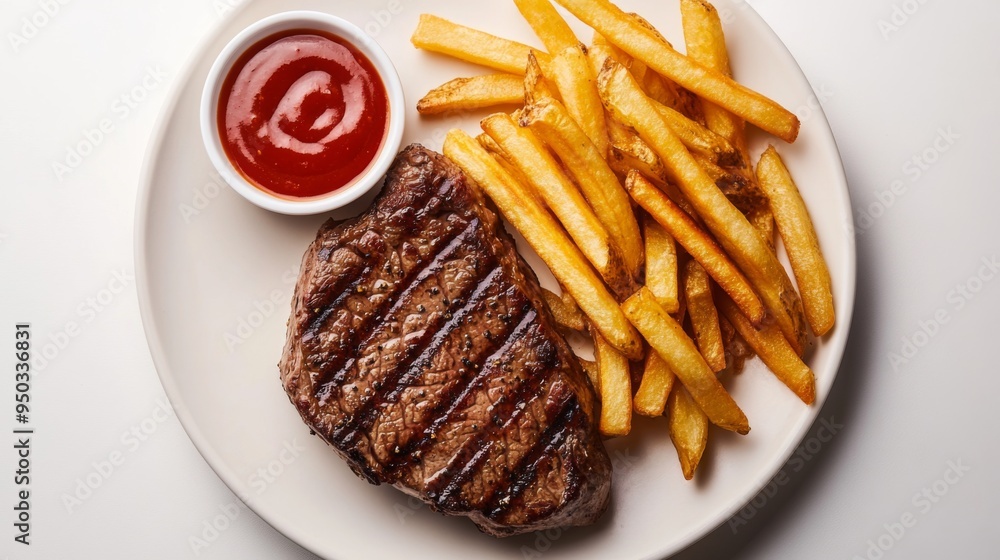 A plate of steak frites, with a perfectly cooked steak paired with crispy French fries and a side of dipping sauce, all presented on a clean white background. A plate of steak frites, with a perfectly cooked steak paired with crispy French fries and a side of dipping sauce, all presented on a clean white background.