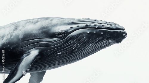 A close up, realistic of a whale with a tranquil expression, positioned on a vivid white background. The lighting is soft and even, capturing the fine details of the whales skin photo