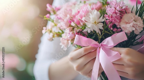 A close-up of a womans hand tying a pink ribbon around a bouquet of fresh flowers symbolizing the love and support given to those battling breast cancer