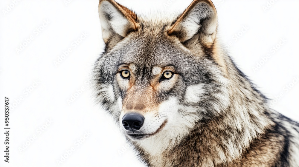 Fototapeta premium A close up, realistic of a wolf with a focused expression, positioned on a vivid white background. The lighting is soft and even, capturing the fine details of the wolfs fur and